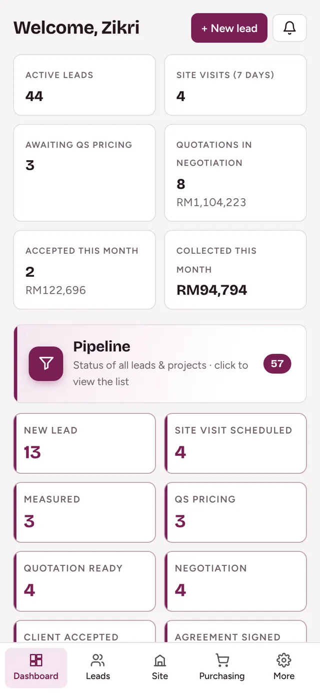 Dashboard RenoFlow di telefon