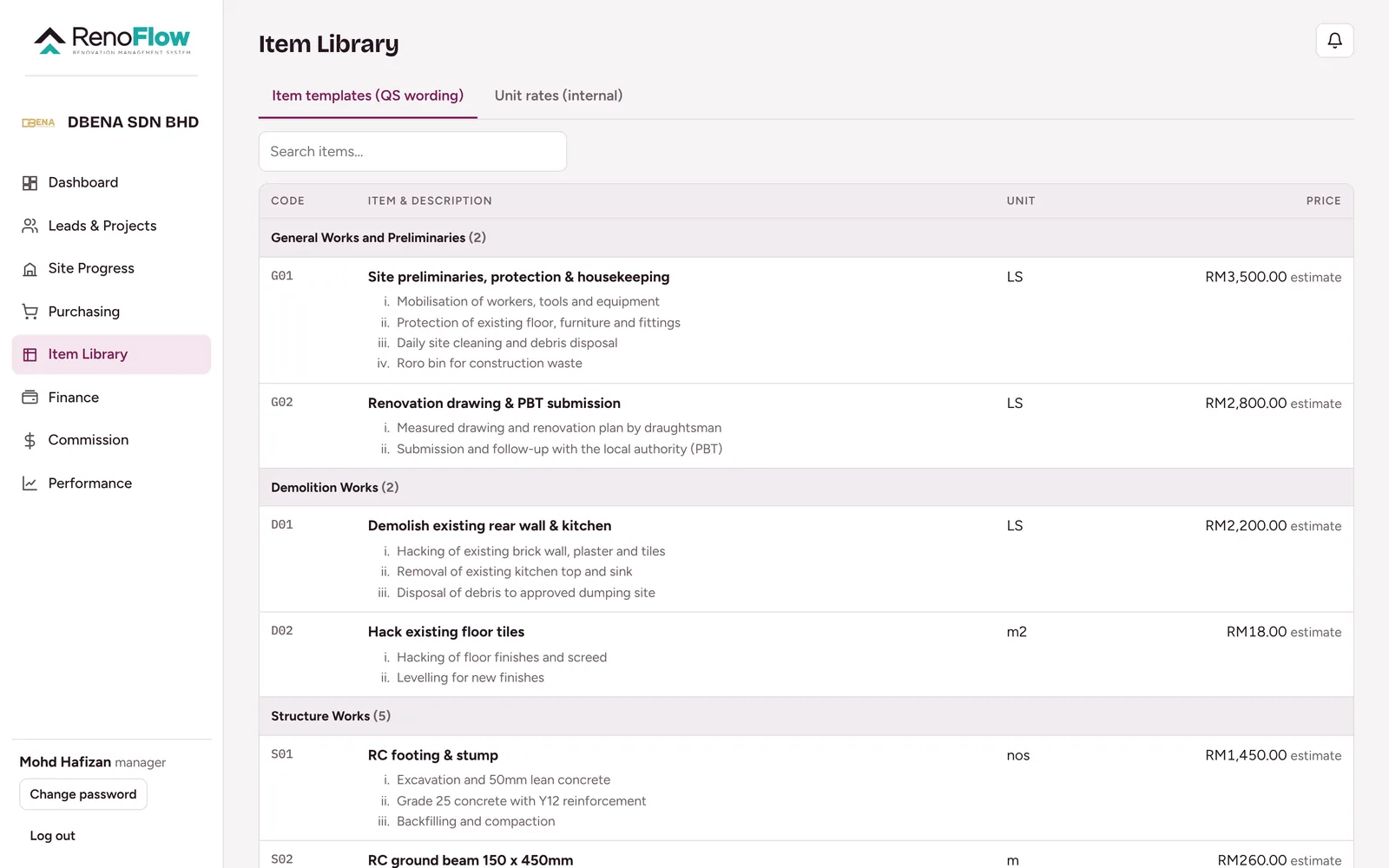 Item Library dan unit rate